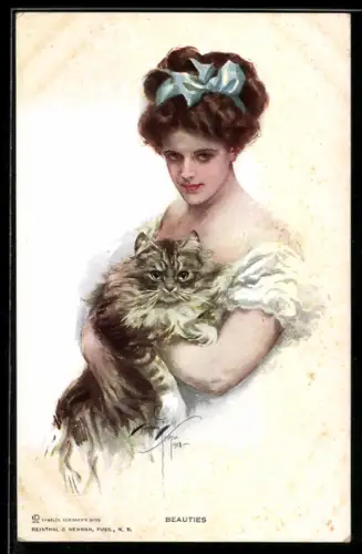 Künstler-AK Harrison Fisher: Beauties, Fräulein mit Katze auf dem Arm