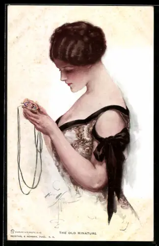 Künstler-AK Harrison Fisher: Junge Frau betrachtet das Bild im Medaillon