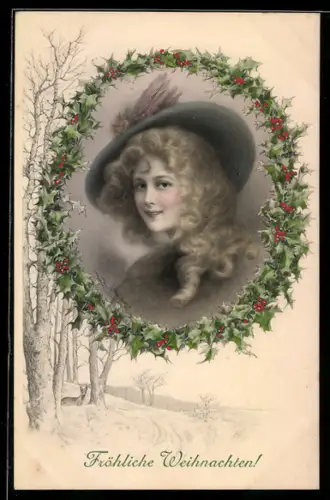 Künstler-AK M.Munk Nr.476: Blondes Mädchen mit flachen federgeschmücktem Hut