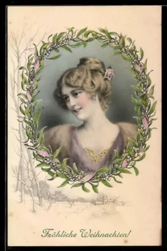 Künstler-AK Wichera, M. Munk Nr. 476: Dame umrahmt von Mistelzweigen