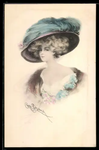 Künstler-AK Schilbach: Junge Dame mit riesigem Hut und einem Pelz um ihr Sommerkleid
