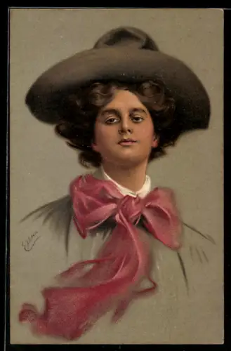 Künstler-AK M. Munk Nr. 400: Junge Frau mit grossem Hut und roter Schleife