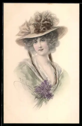 Künstler-AK H. Christ Nr. 129: Fräulein im lilafarbenen Kleid mit Hut, Siegel