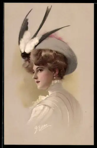 Künstler-AK sign. Ellka: Dame mit Schwalbe am Hut