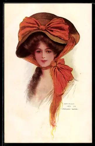 Künstler-AK sign. Taylor Platt: Brünette Schönheit mit oranger Schleife auf dem Hut
