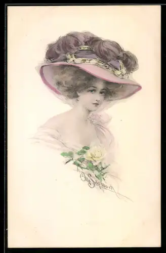 Künstler-AK Schilbach: Junge Dame mit Teller-Federhut u. Ansteckrose
