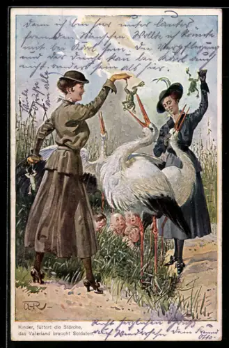 Künstler-AK Frauen füttern die Störche weil das Vaterland Soldaten braucht