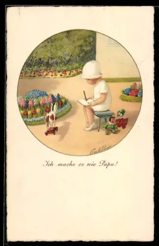 Künstler-AK Pauli Ebner: Ich mache es wie Papa!, Mädchen zeichnet sein Spielzeugpferd