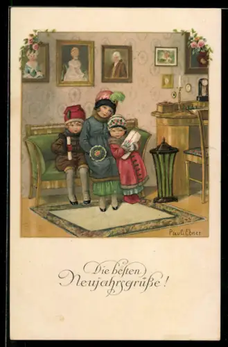Künstler-AK Pauli Ebner: drei niedliche Kinder in Winterkleidung auf einem Sofa sitzend, Neujahrsgruss