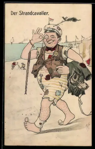 Künstler-AK Willi Scheuermann: Der Strandcavalier, Landstreicher mit Monokel u. Kapitänsmütze am Strand