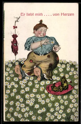 Künstler-AK Willi Scheuermann: Beleibte Landstreicherin beim Blumenorakel