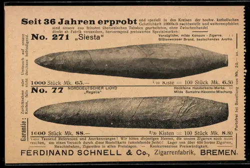 AK Bremen, Ferdinand Schnell & Co Zigarrenfabrik, No. 271 und No. 77