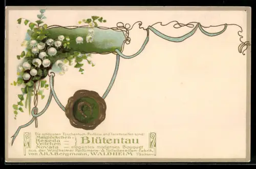 Präge-AK Waldheim i. Sa., A. H. A. Bergmann, Taschentuch und Toilettenseifen Blütentau