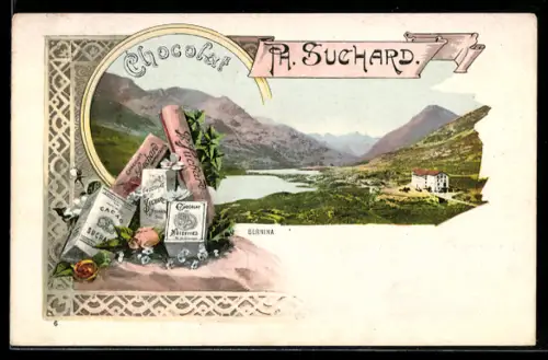 AK Bernina, Gasthaus, Schokoladen-Reklame für Chocolat Ph. Suchard