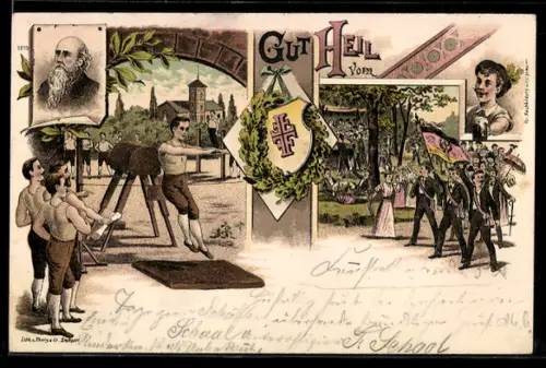 Lithographie Turnvater Jahn, Gut heil, Umzug des Turnvereins, Wappen
