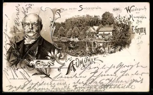 Lithographie Aumühle, Hotel Waldesruh, Inh. E. Groth, Portröt von Bismarck
