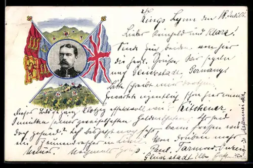 AK Lord Kitchener im Porträt mit Flaggen
