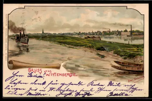 Künstler-AK Erwin Spindler: Wittenberge, Flussansicht mit Dampfschiff