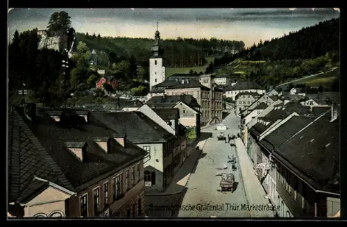 AK Gräfenthal /Thür., Partie in der Thüringer Marktstrasse mit Kirche