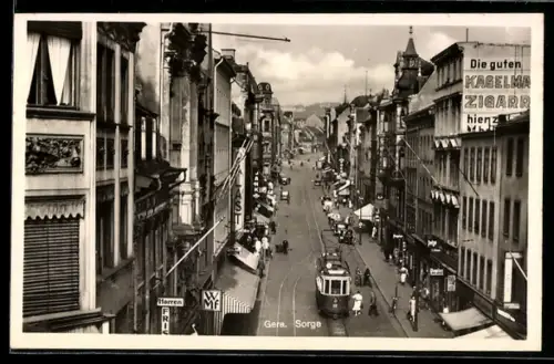 AK Gera, Strassenpartie in der Sorge mit Strassenbahn