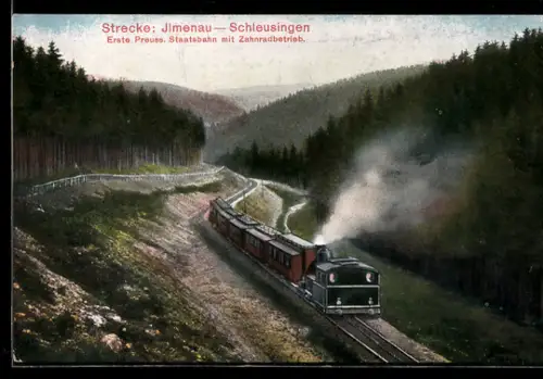 AK Ilmenau, Kleinbahnstrecke nach Schleusingen, Erste Preussische Staatsbahn mit Zahnradbetrieb in voller Fahrt