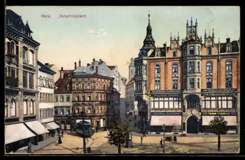 AK Gera, Partie am Johannisplatz mit Strassenbahn