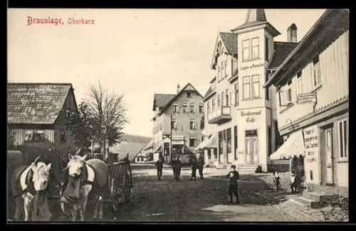 AK Braunlage /Oberharz, Ortspartie mit Restaurant und Buchhandlung