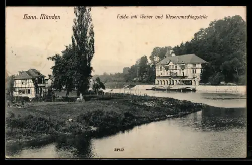 AK Hann. Münden, Fulda mit Weser und Weserumschlagstelle sowie anliegendem Waldstück