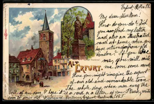 Lithographie Erfurt, Luther-Denkmal, St. Aegidienkirche mit Eingang z. Krämerbrücke