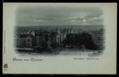 Mondschein-AK Weimar, Panorama vom Bahnhof aus