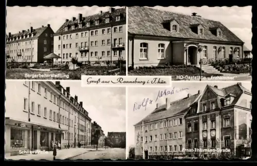 AK Ronneburg i. Thür., Bergarbeitersiedlung, HO-Gaststätte Erzhammer, Schillerstrasse, Ernst-Thälmann-Strasse
