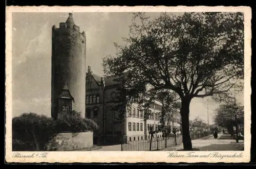 AK Pössneck i. Th., Weisser Turm, Bürgerschule