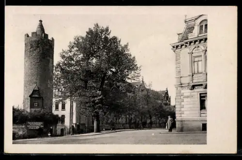 AK Pössneck /Thür., Stadtturm, Strassenansicht