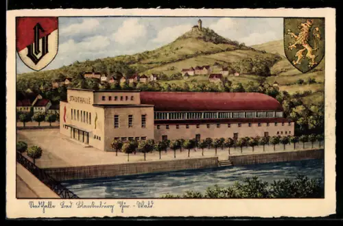 Künstler-AK Bad Blankenburg /Thür.-Wald, Stadthalle, Burg Greifenstein, V. C.-Turm