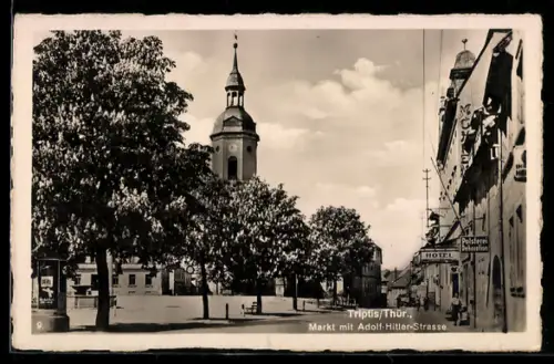 AK Triptis /Thür., Markt, Strasse, Kirche, Hotel
