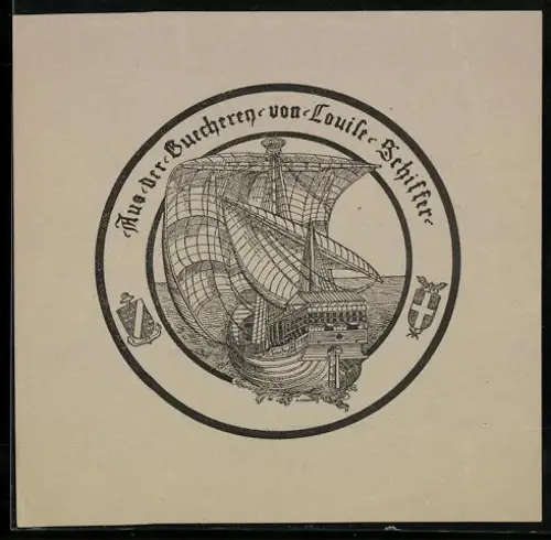 Exlibris Louise Schiffer, Segelschiff im Kreisornament, 1903