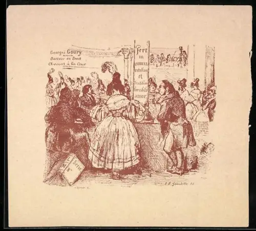 Exlibris Georges Goury, Gesellschaftsszene mit Tänzern und Musikern, Anwalt und Arzt