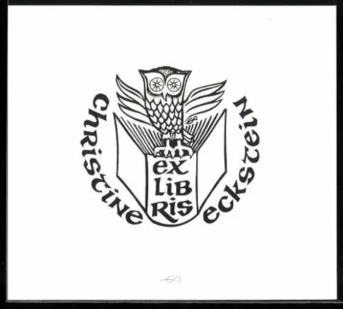 Exlibris Christine Eckstein, Eule über Buchwappen
