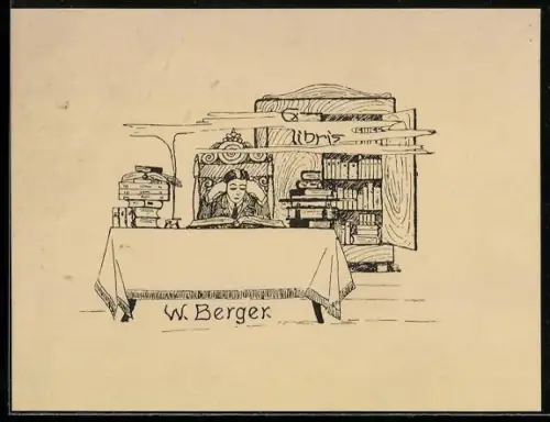Exlibris W. Berger, Lesender am Tisch mit Bücherregal im Hintergrund