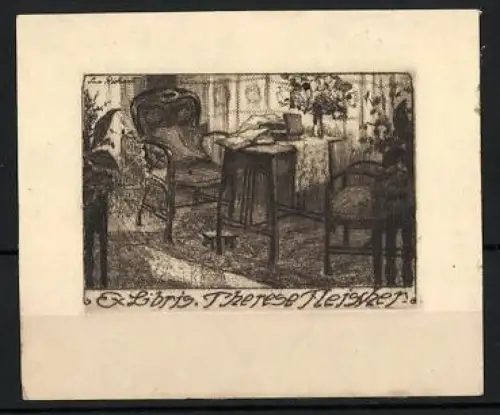 Exlibris Therese Fleischer, Wohnzimmer mit Stühlen und Blumenarrangement