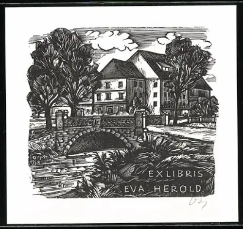 Exlibris Eva Herold, Landschaft mit Brücke und Häusern