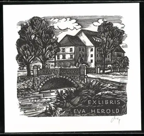 Exlibris Eva Herold, Landschaft mit Steinbrücke und Bäumen