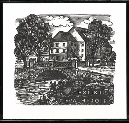 Exlibris Eva Herold, Landschaft mit Brücke und Häusern