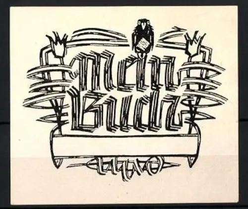 Exlibris Lajos, Motiv mit Vogel und stilisierten Pflanzen