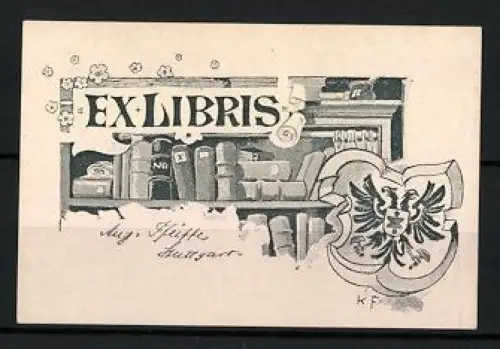Exlibris Aug. Fleischer, Bücherregal und Wappen
