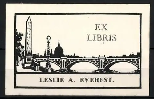 Exlibris Leslie A. Everest, Brücke und Obelisk vor Londoner Stadtsilhouette