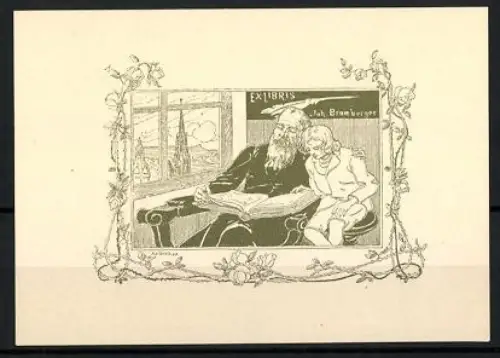 Exlibris Joh. Bramberger, Lesende am Fenster