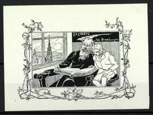 Exlibris Joh. Bramberger, Lesende Figuren am Fenster