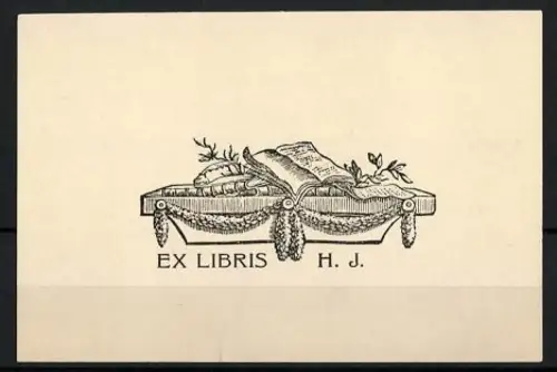 Exlibris H. J., Buch auf einem dekorativen Tisch