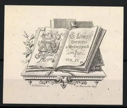 Exlibris P. Dor, Buch und Wappen auf einem Podest